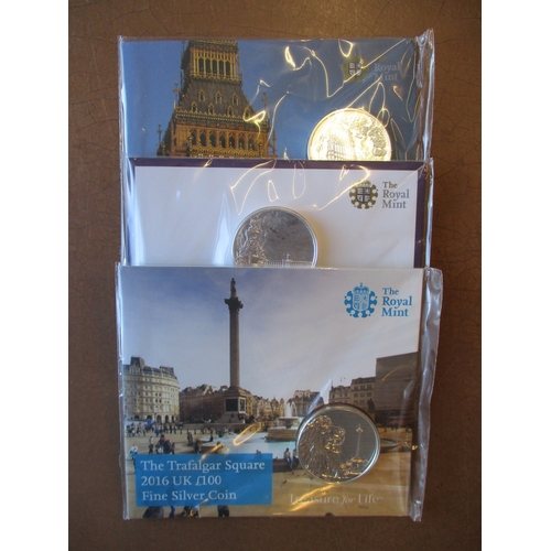 744 - Uncirculated silver range on royal Mint cards with £20 2013-2017 (6 different), £50 2015 Britannia, ... 