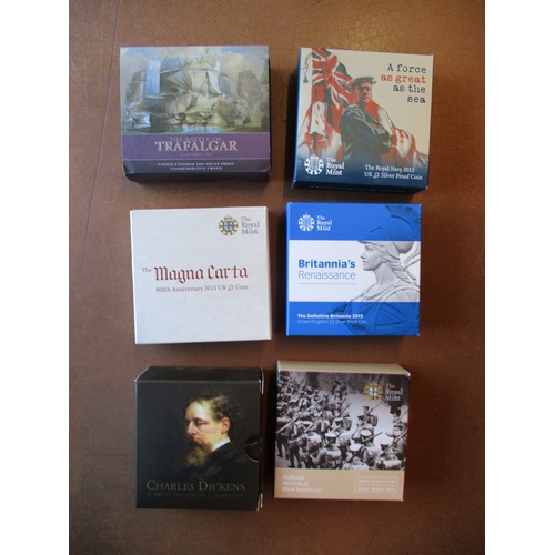 767 - Royal Mint boxed silver proofs FDC with £5 2005 Trafalgar, £2 2012 Dickens, 2014 WWI, 2015 Magna Car... 
