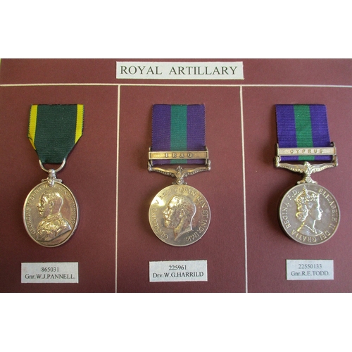 8 - Royal Artillery range mounted on cards with:
1. 1923 GSM Palestine 1945-48 clasp to 21027101 Gnr D. ... 