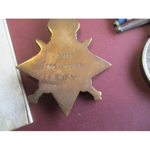 70 - 1914 Star trio with copy date bar and Memorial Scroll to 53829 Gnr J. Moores R.F.A. (Gunner Joseph M... 