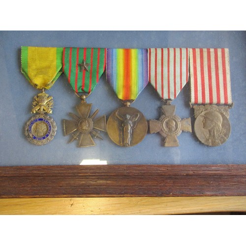 98 - France glass framed groups with:
1. WW1 Medaille Militaire, Croix de Guerre with Star, Victory Medal... 