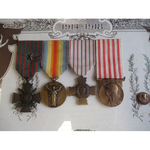 98 - France glass framed groups with:
1. WW1 Medaille Militaire, Croix de Guerre with Star, Victory Medal... 