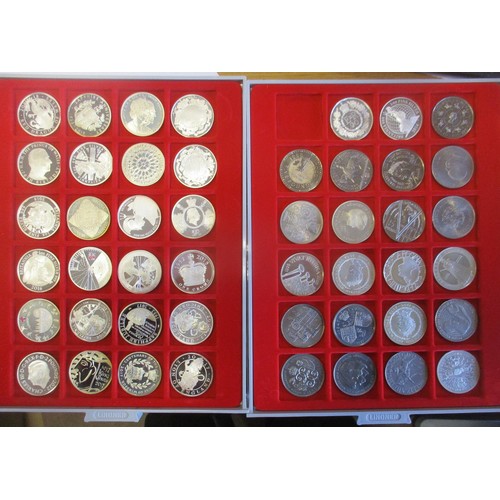 743 - Range of silver proofs FDC in pair of Lindner trays, with £5 2007 Diamond Wedding, 2008 Elizabeth I,... 