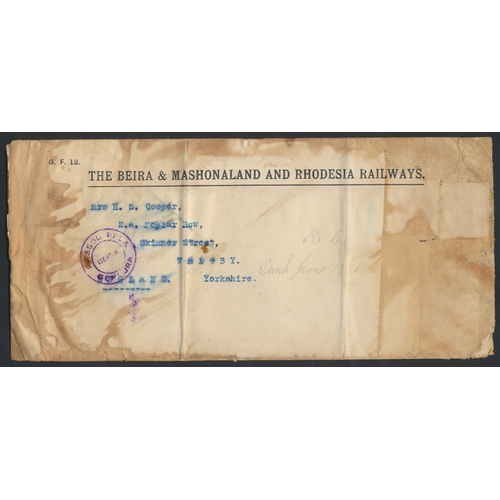 116 - Rhodesia. 1918 Rhodesia to GB salvaged cover, carried on the RMS Kenilworth Castle. En route from Ca... 