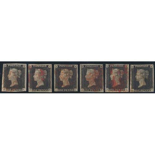 201 - 1840 1d blacks, used plated set, pl. 1a-11, pl. 11 (LB, 2 margins), others being four margin example... 