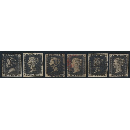 201 - 1840 1d blacks, used plated set, pl. 1a-11, pl. 11 (LB, 2 margins), others being four margin example... 