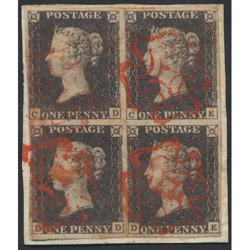 202A - Forgery. 1840 1d black CD-DE, collotype photographic forgery pl.9 block of 4 used on piece, 4 margin... 