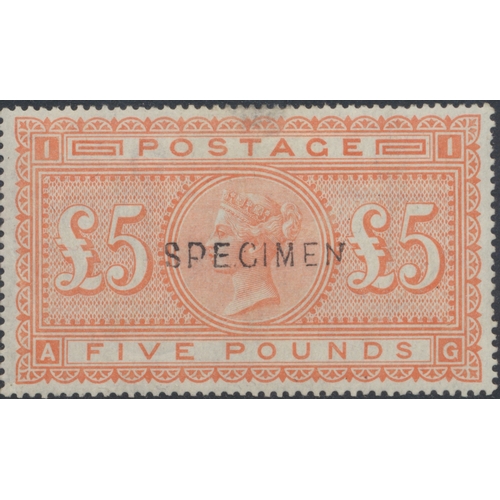 214 - 1882 wmk Large Anchor white paper £5 Orange, ovptd SPECIMEN, M, with hinge thin at top centre, and g... 