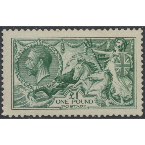 219 - 1913 Seahorse £1 dull blue-green, M, with one small tone spot to perf at top, and two short perfs at... 