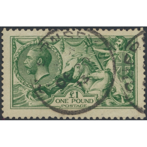 223 - 1913 Waterlow Seahorse set to £1 green, FU. Small patch of surface wear to the £1, few pulled/short ... 