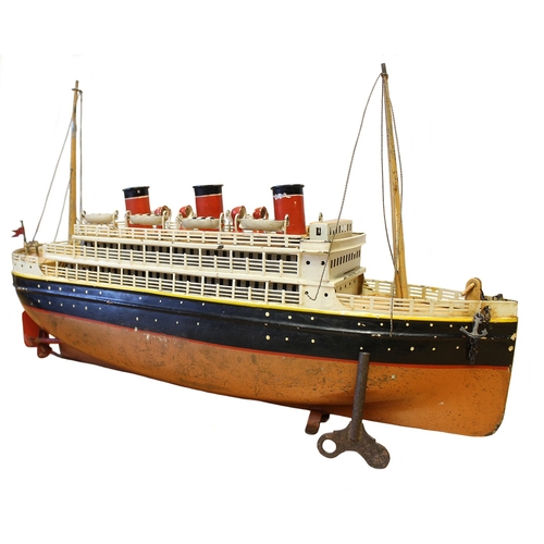 152 - Bing. Tinplate clockwork (with key) three funnelled ocean liner, 400mm x 9mm, red/ black hull with w... 