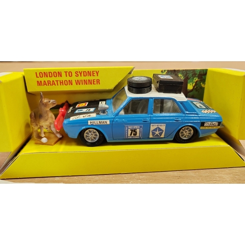 338 - Corgi. No.302 Hillman Hunter, London to Sydney Marathon Winner, blue, black bonnet, white roof, Gold... 