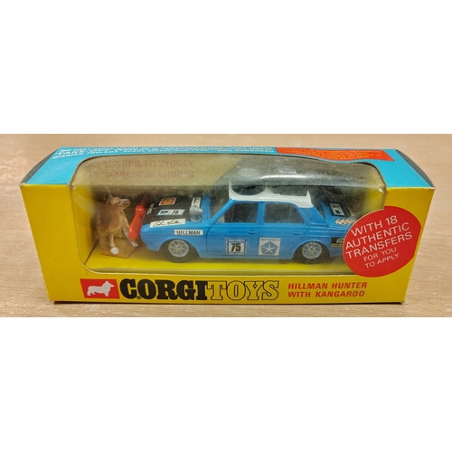 338 - Corgi. No.302 Hillman Hunter, London to Sydney Marathon Winner, blue, black bonnet, white roof, Gold... 