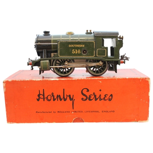 480 - Hornby. O gauge No.1 Special SR 0-4-0T 516 green with white and black lining locomotive, excellent i... 