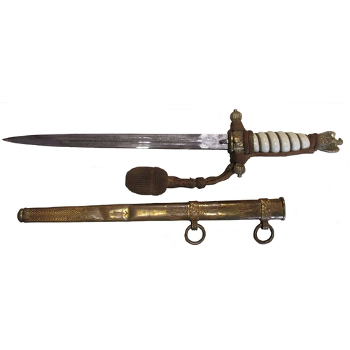 51 - Third Reich Kriegsmarine officer's dagger and scabbard by Holler, ship and fouled anchor etching to ... 