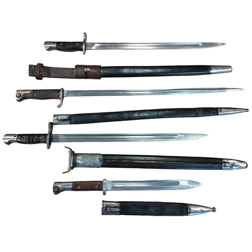 52 - Edged weapon range with Bayonets x4 with scabbards includes German 1884/98 Pattern. 1915 Dated Bayon... 