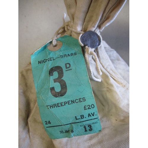 269A - 1968 £20 bag of threepences with tag and seal dated 30 Jan 68 and 1969 £20 bag of threepences with t... 