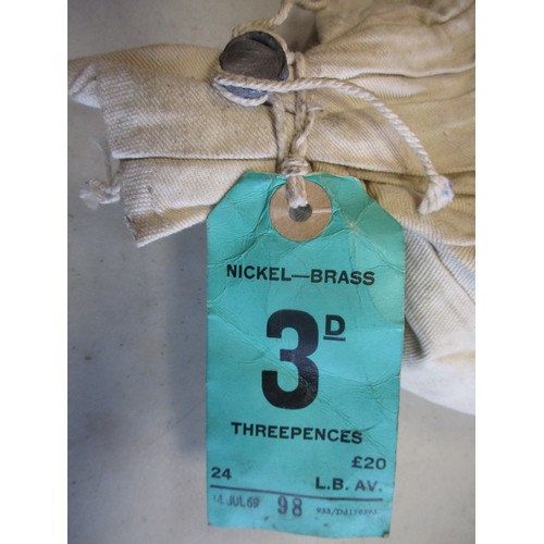 269A - 1968 £20 bag of threepences with tag and seal dated 30 Jan 68 and 1969 £20 bag of threepences with t... 