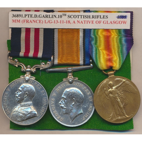 23 - WW1 Military Medal to 36891 Pte D. Garlin 10/Sco Rif, BWM and Victory Medal to 36891 Pte D. Carlin S... 