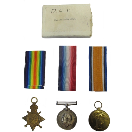 26 - 1. 1914-15 Star trio to 2. Lieut. C Hands, (18-1356 Pte C Hands Durh. L.I on star), extremely fine, ... 