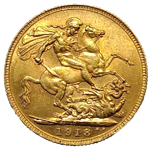 384 - Investment Gold Lot - documents required. 1918P sovereign near extremely fine. (Y)