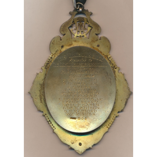 45 - Masonic. The Clapton Tradesmens' Association Chairman's large silver gilt badge of office with ename... 