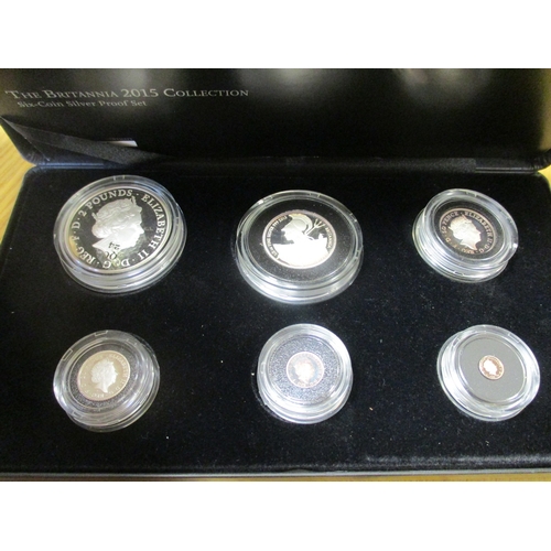 513 - 2015 Britannia silver proof collection with £2, £1, 50p, 20p, 10p and 5p, some discolouration. (R)