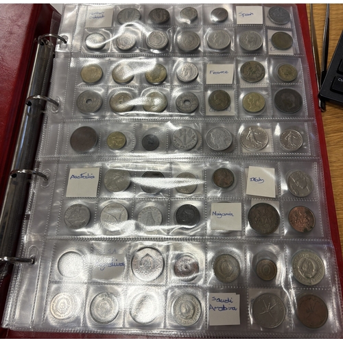 604 - Collection of world wide coinage in one album, loose in a tin and in prestation boxes, including ran... 