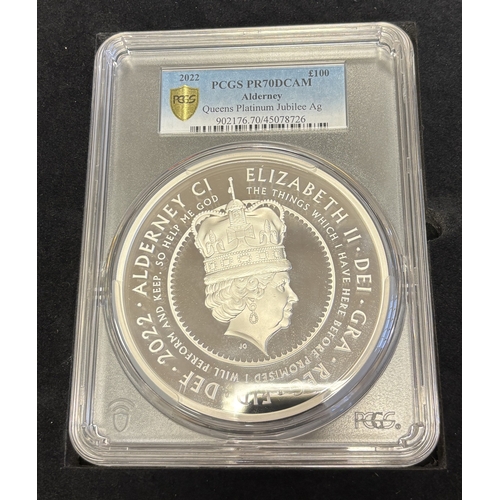 625 - Alderney. 2022 'Queen Elizabeth II Platinum Jubilee' silver kilo coin in PCGS PR70DCAM plastic gradi... 