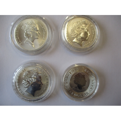 631 - Australia. Silver encapsulated uncirculated range with Kookaburra $2 2007, $1 1991, 1995, 1998, 2003... 