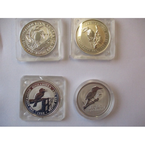 631 - Australia. Silver encapsulated uncirculated range with Kookaburra $2 2007, $1 1991, 1995, 1998, 2003... 