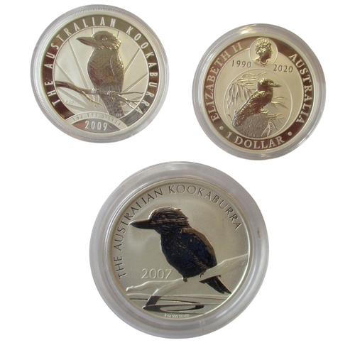 631 - Australia. Silver encapsulated uncirculated range with Kookaburra $2 2007, $1 1991, 1995, 1998, 2003... 