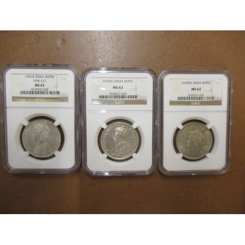 652 - India. Range in NGC plastic holders with rupees 1901B type C/1 MS62, 1919C MS63, 1940B MS62, 1941B M... 