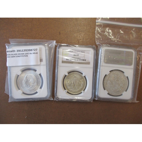 658 - Mexico. 1903 onwards collection in NGC plastic holders with Peso 1943 MS65, 5 pesos 1957 MS65, 100 p... 