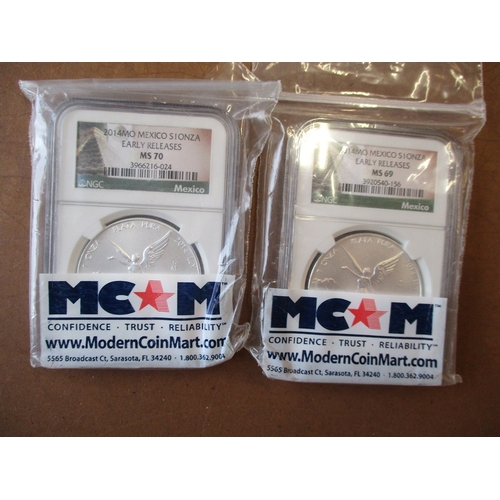 658 - Mexico. 1903 onwards collection in NGC plastic holders with Peso 1943 MS65, 5 pesos 1957 MS65, 100 p... 