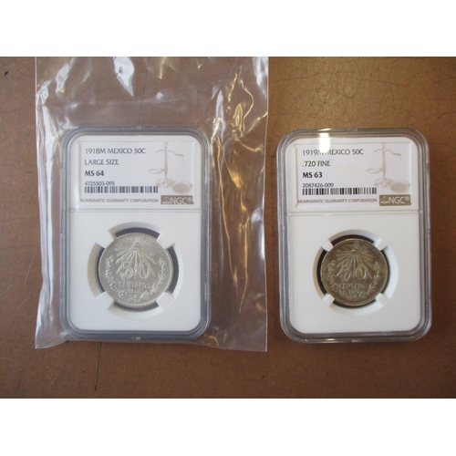 664 - Mexico. Silver range in plastic holders with NGC 50c large 1918 MS64, reduced size 1919 MS63, peso 1... 