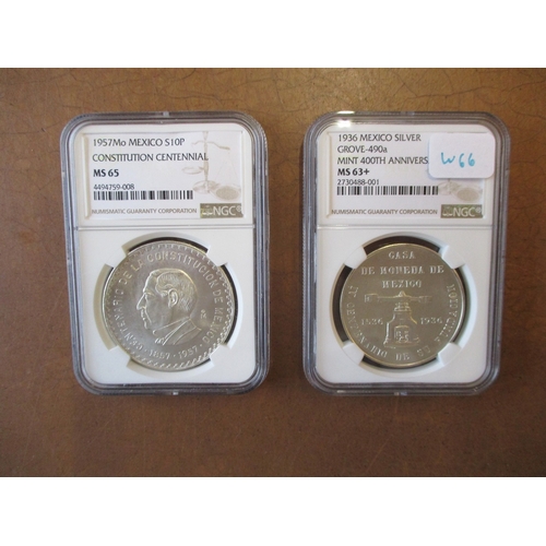 664 - Mexico. Silver range in plastic holders with NGC 50c large 1918 MS64, reduced size 1919 MS63, peso 1... 