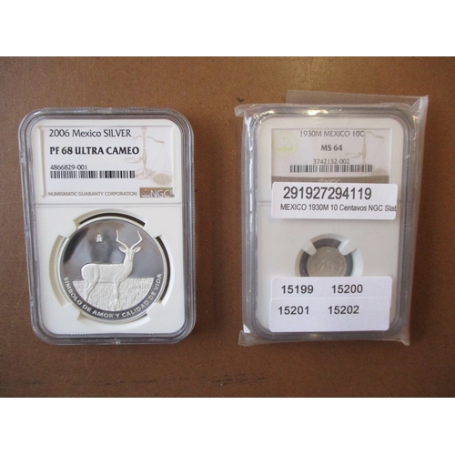 664 - Mexico. Silver range in plastic holders with NGC 50c large 1918 MS64, reduced size 1919 MS63, peso 1... 