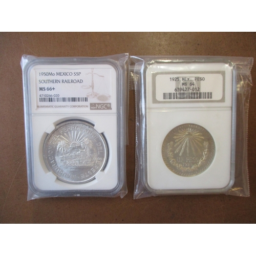 664 - Mexico. Silver range in plastic holders with NGC 50c large 1918 MS64, reduced size 1919 MS63, peso 1... 