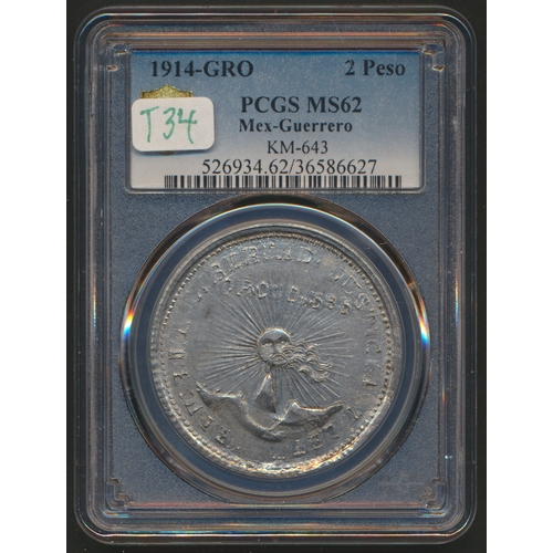 666 - Mexico. Revolutionary Guerrero 1914 2 pesos in PCGS holder graded MS62. (Krause 643) (Y)