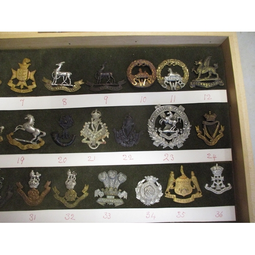 68 - Cap badge collection of mostly Infantry regiments mounted on foam in home made glass display draw, i... 