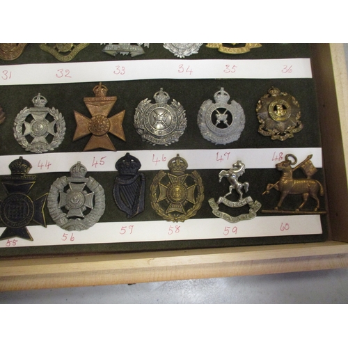 68 - Cap badge collection of mostly Infantry regiments mounted on foam in home made glass display draw, i... 