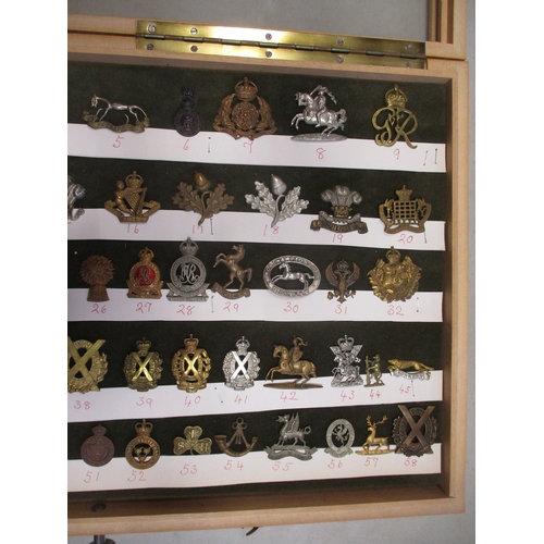 69 - Cap badge collection of mainly Yeomanry regiments mounted on foam in home made glass display draw, i... 