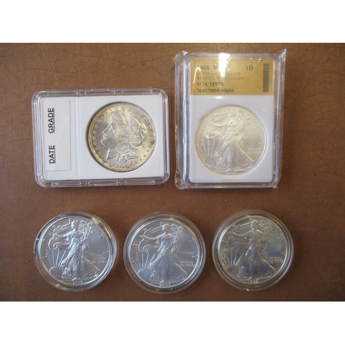 693 - USA. Uncirculated range with $1 1921, Walking Liberty 1987, 2007, 2008, 2018, 2019, Presidential Ser... 