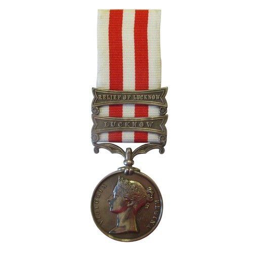 9 - Indian Mutiny Medal 1857-59, 2 clasps, Relief of Lucknow, Lucknow (GunR & Dr SamI Baker, 13th Bn R. ... 