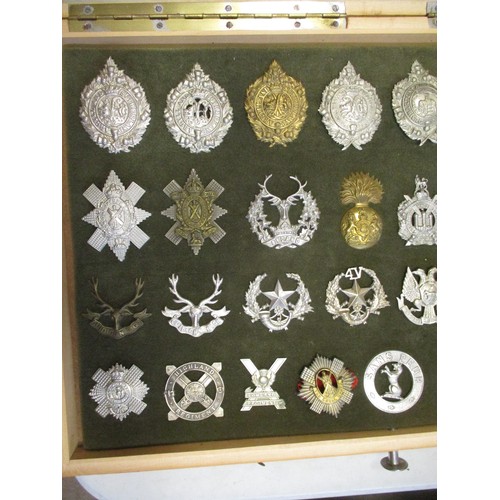 72 - Cap badge collection of Scottish Infantry regiments mounted on foam in home made glass display draw,... 