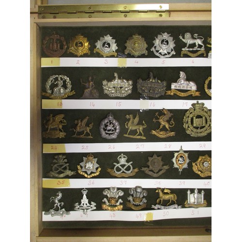 73 - Cap badge collection of Infantry regiments mounted on foam in home made glass display draw, includin... 