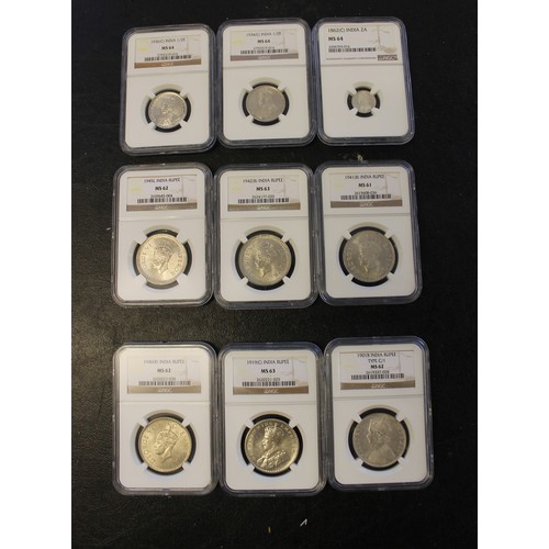 652 - India. Range in NGC plastic holders with rupees 1901B type C/1 MS62, 1919C MS63, 1940B MS62, 1941B M... 