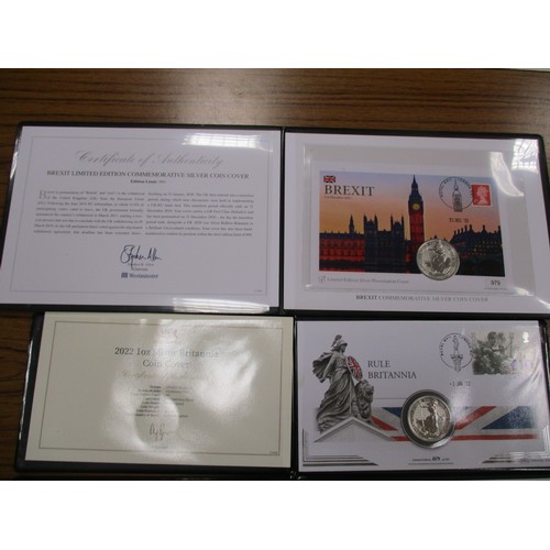 554 - Range of uncirculated silver 1oz Britannia coin covers in Harrington & Byrne and Westminster present... 