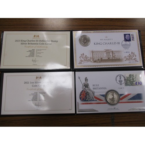 554 - Range of uncirculated silver 1oz Britannia coin covers in Harrington & Byrne and Westminster present... 